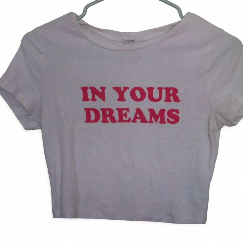 Garage White Crop Top with Pink Text